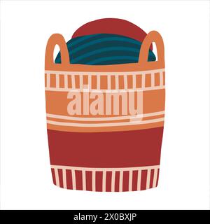 Hand-drawn illustration of Hygge style basket with plaid, blankets, pillows. Clothes lies in laundry basket. Boho Scandinavian interior vector element Stock Vector