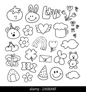 Outlines of hand drawn cute elements such as rainbow, watermelon, tomato, flowers, cherry, butterfly, clover leaf, cloud, teddy bear, bunny, heart Stock Vector