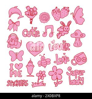 Hand drawn pink icons of dolphin, puppy, bunny, strawberry, ice cream, heart, flowers for cute stickers, cartoon, characters, logo, animals, fruits Stock Vector
