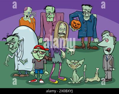 Cartoon illustration of zombies group or people in zombie costumes Stock Vector