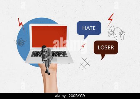 Collage image sketch of upset unhappy woman suffering from haters abuse bullying isolated on drawing creative background Stock Photo