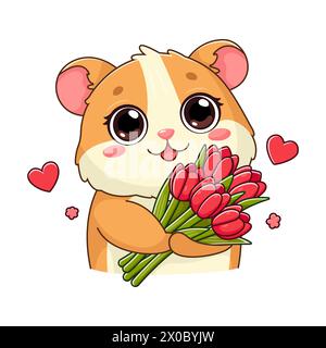 Sticker with cute hamster holding bouquet of red tulips. Smiling adorable character in cartoon style. Summer, spring flowers. Vector illustration isol Stock Vector