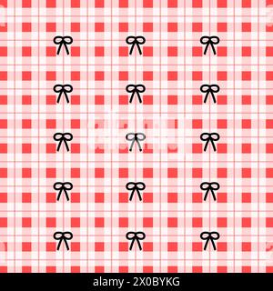 Illustration of black ribbon on a red square plaid background for fabric print, pattern, wallpaper, gift wrap, kid clothes, packaging, textile Stock Vector