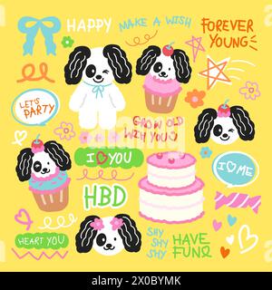 Illustrations of puppy and birthday icons such as vanilla strawberry cake, cupcake, blue ribbon, HBD letters for birthday card, dog stickers, pet, vet Stock Vector