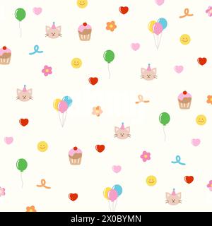 Cute illustration of cat, party hat, balloons, cupcake, heart and flowers for gift wrap, birthday card, party background, wallpaper, packaging Stock Vector