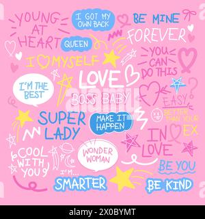Illustration of empowering words such as super lady, smarter, I got my own back, young at heart, be kind, be you for font, typography, feminist, icon Stock Vector