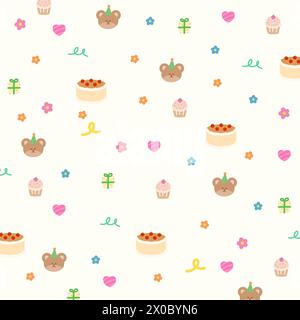 Illustration of teddy bear, cake, cupcake, gift box for birthday background, card, pattern, fabric print, wallpaper, kid clothes, summer, picnic Stock Vector
