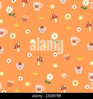 Autumn illustrations of cat, walnut, mushroom, flowers, cozy drink and leaves on orange background for animal wallpaper, fabric print, floral pattern Stock Vector