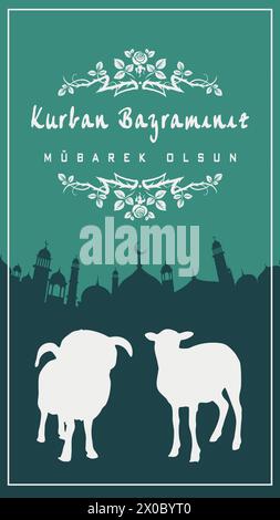 Kurban Bayraminiz Mubarek Olsun or Eid al-Adha greeting featuring sheep silhouettes against a mosque skyline. Post, history.  Stock Vector