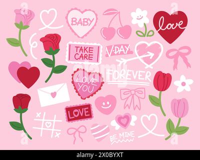 Valentine's Day icons such as red rose, pink heart, flowers, cherry, heart, love letter for stickers, tattoo, logo, card, decoration, print, sign Stock Vector