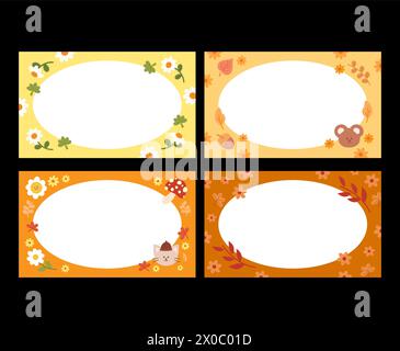 Autumn rectangle frames with autumn flowers, leaves, cat, teddy bear, mushroom for banner, ad template, business, name tags, marketing, background Stock Vector