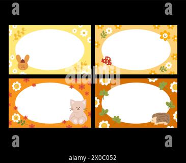 Autumn rectangle frame with autumn flowers, leaves, cat, hedgehog, mushroom, bunny for banner, ad template, business, name tags, marketing, background Stock Vector