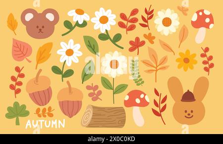 Autumn illustrations of teddy bear, bunny, walnut, flowers, orange leaves, red leaves, timber wood and mushroom for autumn icons, cartoon, characters Stock Vector