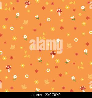 Autumn illustrations of mushroom, flowers and leaves on an orange background for wallpaper, fabric print, floral pattern, textile, kid clothes Stock Vector