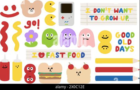 Illustration of good old days such as gameboy, toy, cartoon, characters, comic, burger, teddy bear, doll, ketchup sauce, pencil colours, pancake Stock Vector