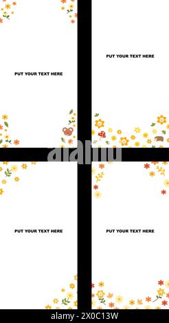 Autumn vertical template with autumn flowers, leaves, teddy bear, hedgehog, mushroom for story ads, banner, frame, business, presentation, marketing Stock Vector