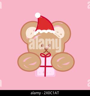 Illustration of teddy bear, Christmas hat, gift box on a pastel pink background for Christmas card, print, cartoon, character, animal, zoo, wallpaper Stock Vector