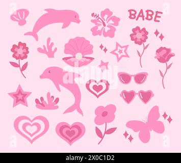 Hand drawn pink illustrations of hibiscus, rose, flowers, pearl shell, dolphin, butterfly, heart, sunglasses, star for cute stickers, animal Stock Vector