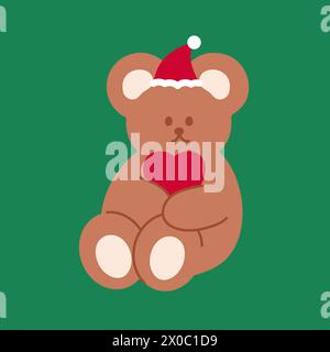 Illustration of teddy bear, Christmas hat and red heart on green background for festive card, winter element, animal, cartoon, print, wallpaper Stock Vector