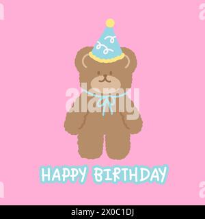 Illustration of teddy bear, party hat and HAPPY BIRTHDAY letters on pastel pink background for birthday card, party element, animal, cartoon, print Stock Vector