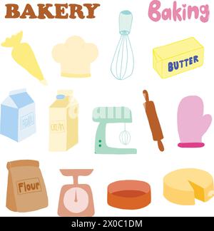 Hand drawn baking elements of butter, glove, cream, milk box, flour, whisk, rolling pin, chef hat for bakery, pastry, cafe, restaurant, supermarket Stock Vector