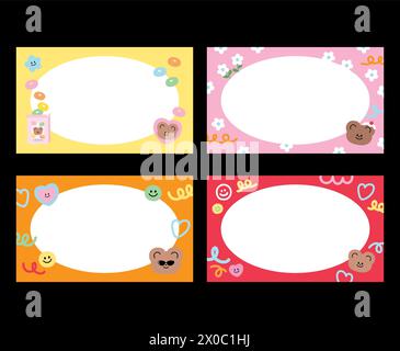 Rectangle teddy bear name tags with cereal box, flowers, heart and doodle elements for banner, pastel template, cute frame, social media, post card Stock Vector