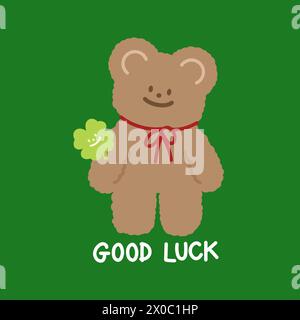 Illustration of teddy bear, clover leaf and GOOD LUCK letters on a green background for positive energy, print, animal wallpaper, cartoon, zoo, card Stock Vector