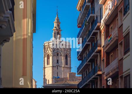 View of the Gothic-style bell tower of the Valencia Cathedral known as Miguelete or Micalet Stock Photo