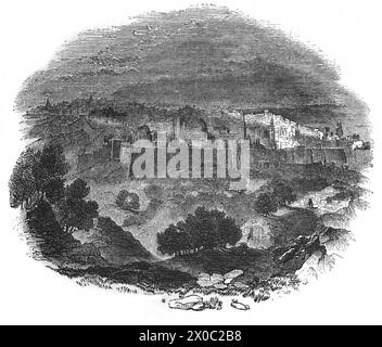 Wood Engraving of a Historical Picture of Jerusalem in Antique Illustrated Family Bible Stock Photo