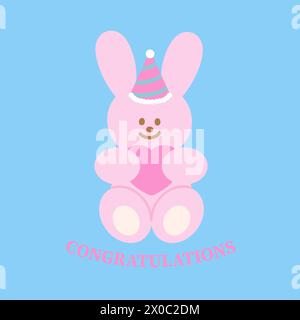 Illustration of pink bunny, party hat, heart and CONGRATULATIONS letters on a pastel blue background for card, print, wallpaper, cartoon, easter Stock Vector