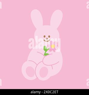 Illustration of pink bunny and flower on a pastel pink background for spring, summer, picnic, card print, animal wallpaper, cartoon, easter, pet, vet Stock Vector