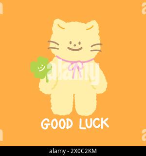 Illustration of cat with pink ribbon, clover leaf and GOOD LUCK letters on a pastel orange background for luck, card, animal, logo, cartoon, pet, vet Stock Vector