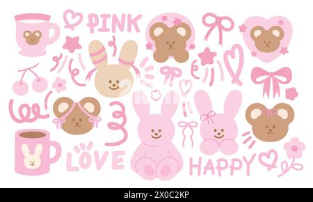 Pastel illustration of pink bunny, teddy bear, flower, ribbon, heart, cherry, hot drink for spring, summer, picnic, card, cartoon, easter, animals Stock Vector