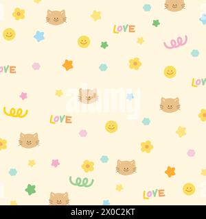 Cat, star, LOVE letters, doodle element background for animal, summer wallpaper, fabric print, pattern, kid cloth, cute textile, adopt pet, vet Stock Vector