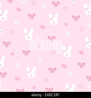 Bunny, ribbons and hearts on a pastel pink background for animal, summer wallpaper, fabric print, pattern, kid cloth, cute textile, Valentine, easter Stock Vector