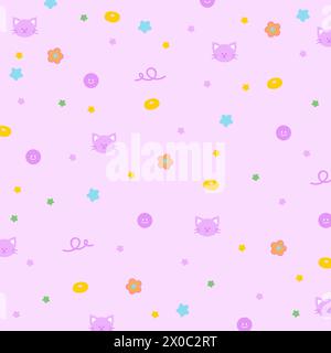 Cat, flower and star on a pastel purple background for animal, summer wallpaper, fabric print, pattern, kid clothes, cute textile, pet shop, vet Stock Vector