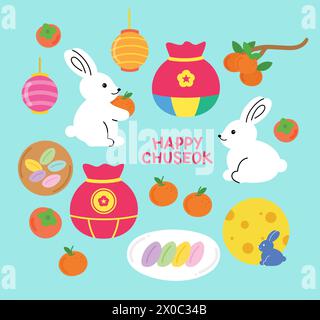Illustrations of Chuseok or mid autumn harvest festival holiday in South Korea such as rabbit, orange, peach, sweet snacks, lantern, moon Stock Vector