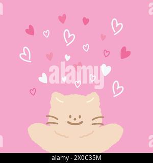 illustration of cat with hearts on a pastel pink background for Valentine card, love sticker, animal, pet, vet, wallpaper, adopt pet, rescue, pattern Stock Vector