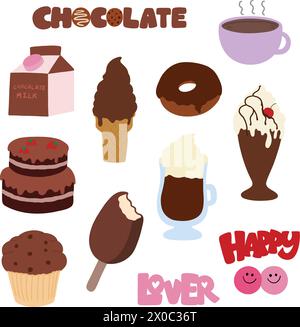 Hand drawn chocolate icons such as ice cream, cake, cupcake, hot drink, milk box, donut, milkshake for sweet dessert, cafe, restaurant, menu, recipe Stock Vector