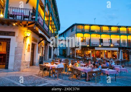 Terraces at the Main Square, night view. Chinchon, Madrid province, Spain. Stock Photo