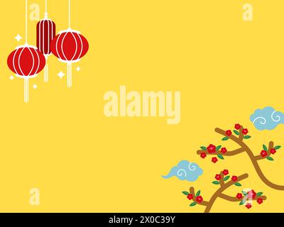 Yellow background with red lanterns, clouds, tree roots for Chinese New Year, Chuseok, mid autumn festival, celebration, wallpaper, banner, frame, ads Stock Vector