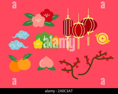 Chinese New Year illustrations such as red lanterns, cloud, orange, peach, tree roots, flowers for decorations, sticker, card, print, logo, icon, ads Stock Vector
