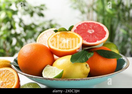Different cut and whole citrus fruits on white table outdoors, closeup Stock Photo