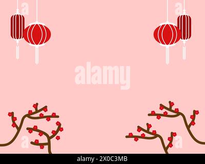 Pale red background with red lanterns for Chinese New Year, Chuseok, mid autumn festival, celebration, wallpaper, banner, frame, backdrop, print, ads Stock Vector