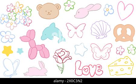 Cute crayon illustrations of flowers, dog balloon, teddy bear, bunny, butterfly, dolphin, heart, shell, pretzel, cheese, rose, star for summer element Stock Vector
