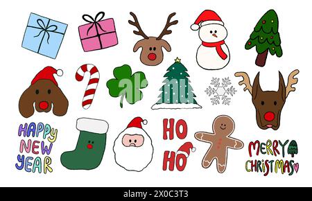 Hand drawn Christmas and New Year elements such as gift box, Christmas tree, snowman, reindeer, candy cane, sock, Santa Claus, gingerbread man, snow Stock Vector