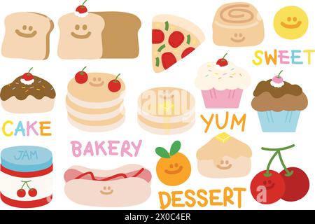 Bakery and pastry illustrations such as bread, pancake, cinnamon roll, pizza, cupcake, hotdog, jam, donut and fruits such as orange, cherry Stock Vector