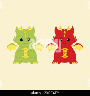 Illustration of two dragons for Chinese New Year, background, wallpaper, backdrop, logo, icon, card, stickers, cartoon, character, mascot, decoration Stock Vector