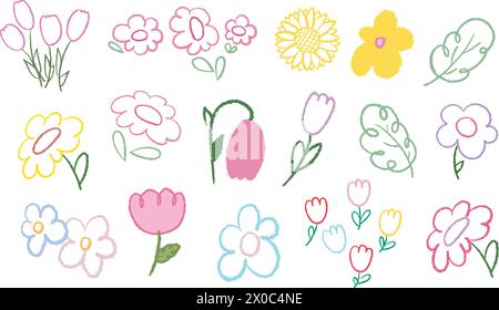 Hand drawn flowers outlines of sunflower, tulip tree leaves for colouring book, picnic, nature, garden, spring, summer, floral print, logo, icon Stock Vector