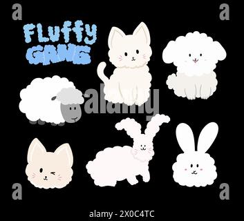 Hand drawn fluffy gang such as puppy, cat, rabbit, sheep for animals, pet, vet, pet shop, zoo, logo, icon, paw friends, adopt, rescue, social media Stock Vector